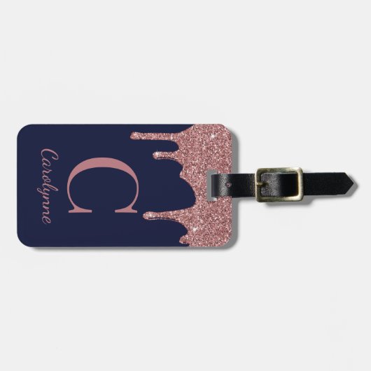 Navy Blue Roos Gold Glitter Driemonogram Bagagelabel (Voorkant horizontaal)