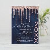 Navy Blue Roos Gold Glitter Drips Graduparty Kaart (Staand voorkant)
