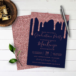 Navy Blue Roos Gold Glitter Drips Graduparty Kaart