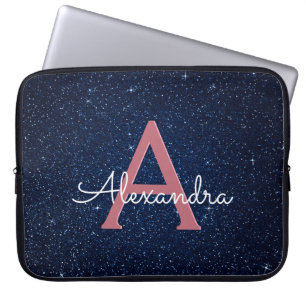 Navy Blue & Roos Gold Glitter en Sparkle Monogram Laptop Sleeve