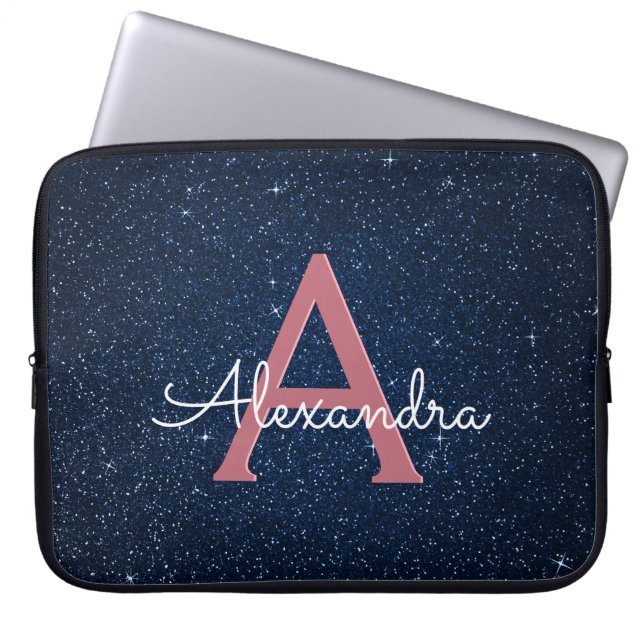 Navy Blue & Roos Gold Glitter en Sparkle Monogram Laptop Sleeve (Voorkant)