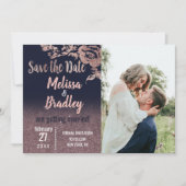 Navy Blue Roos Gold Glitter Floral Save the Date Kaart (Voorkant)