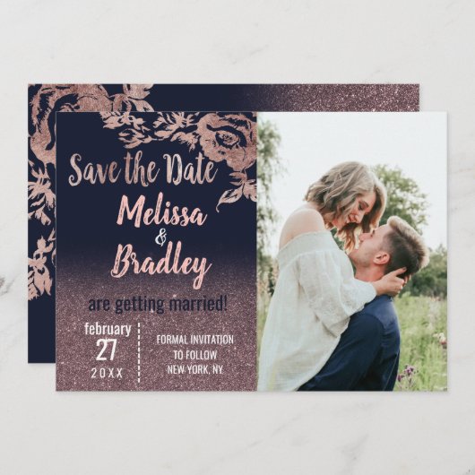 Navy Blue Roos Gold Glitter Floral Save the Date Kaart (Voorkant / Achterkant)