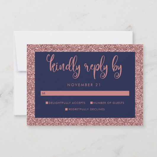 Navy Blue Roos Gold Glitter Wedding Guest RSVP (Achterkant)