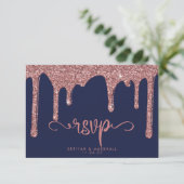 Navy Blue Roos Gold Glitter Wedding RSVP (Staand voorkant)