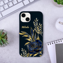Navy Blue Roos Gold Leaves Monogram