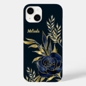 Navy Blue Roos Gold Leaves Monogram Case-Mate iPhone Case (Achterkant)