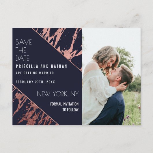 Navy Blue Roos Gold Marble Diagonaal Save the Date Briefkaart (Voorkant)