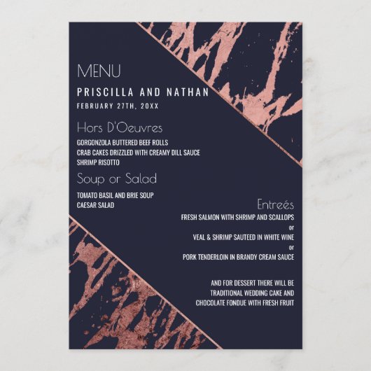 Navy Blue Roos Gold Marble Diagonaal Wedding Menu (Voorkant)