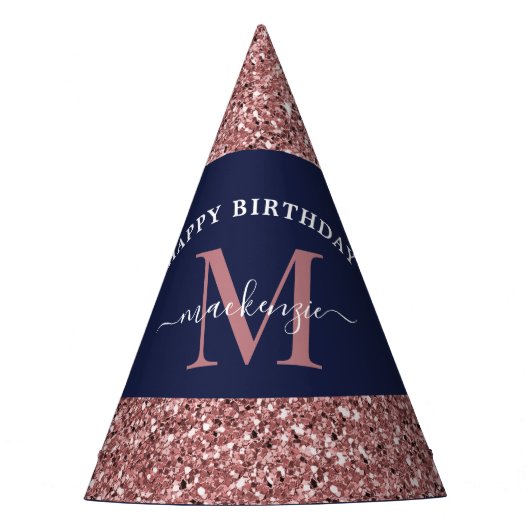 Navy Blue Roos Gold Monogram Verjaardag Feesthoedjes (Voorkant)