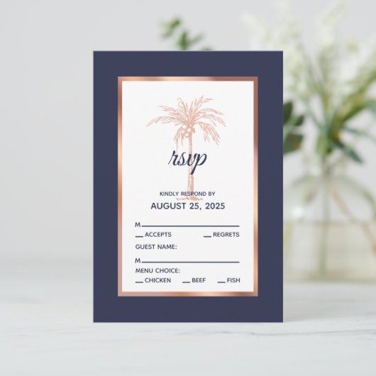 Navy Blue Roos Gold Palm Tree Beach Weddenschap RSVP Kaartje (Staand voorkant)