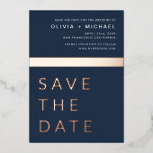 Navy Blue Roos Gold Save the Date Elegant Folie Uitnodiging (Voorkant)