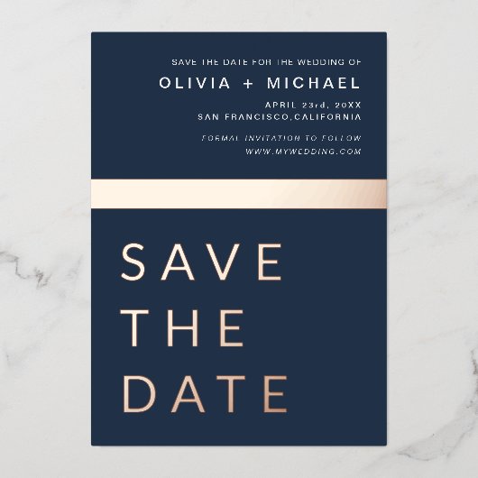 Navy Blue Roos Gold Save the Date Elegant Folie Uitnodiging (Voorkant)