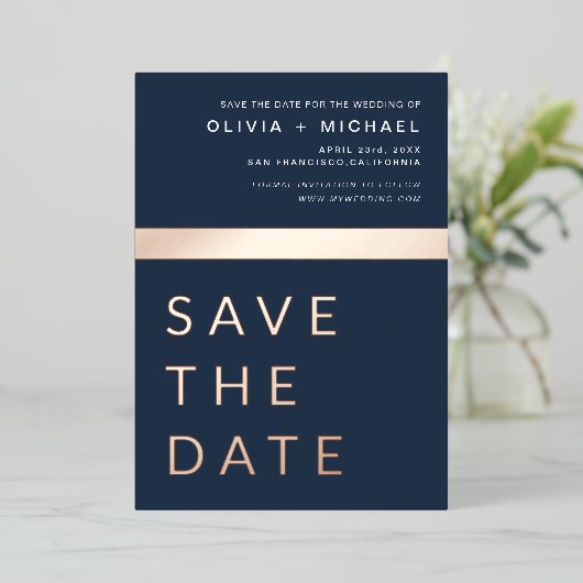 Navy Blue Roos Gold Save the Date Elegant Folie Uitnodiging (Staand Voorkant)
