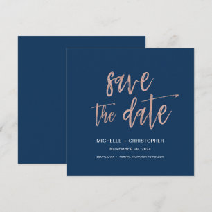 Navy Blue & Roos Gold Save the Date Square Kaart