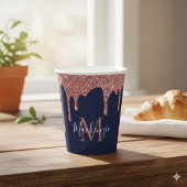 Navy Blue Roos Gold Sparkle Glitter Driemonogram Papieren Bekers