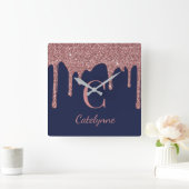 Navy Blue Roos Gold Sparkle Glitter Driemonogram Vierkante Klok (Huis)