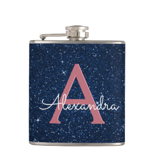 Navy Blue & Roos Gold Sparkle Monogram Initiaal Heupfles