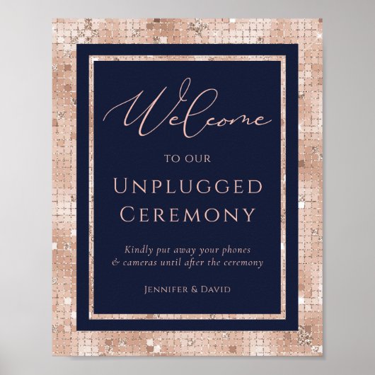 Navy Blue Roos Gold Unplugged Ceremony Sign Poster (Voorkant)