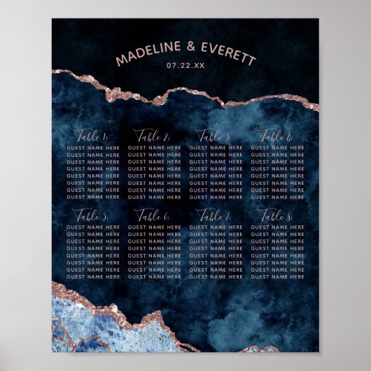 Navy Blue Roos Gold Wedding Table Seating Chart Poster (Voorkant)
