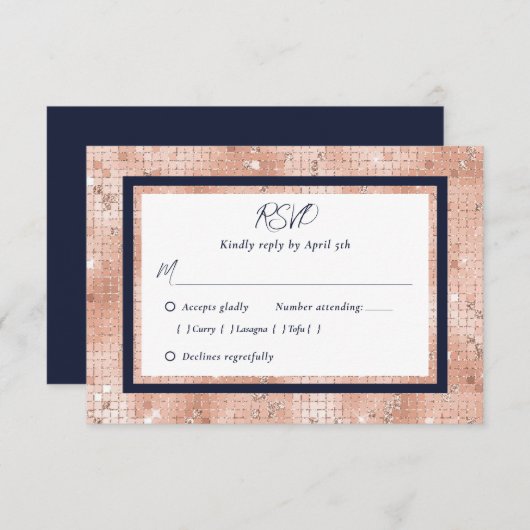 Navy Blue Roos Gouden Glitter Bruiloft RSVP Kaarte (Voorkant / Achterkant)