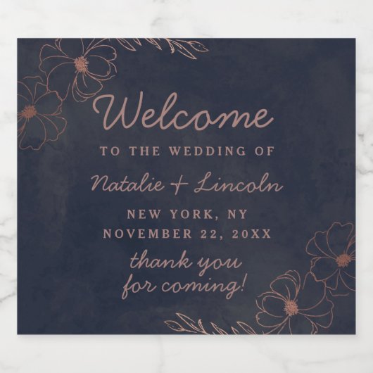 Navy Blue & Roos Goudfolie Bloemen Bruiloft Welkom Likeurfles Etiket (Enkel label)