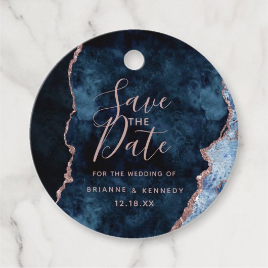 Navy Blue Rose Gold Agate Marble Save the Date Bedankjes Labels (Voorkant)