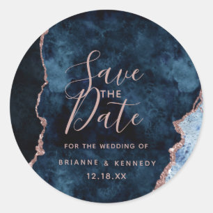 Navy Blue Rose Gold Agate Marble Save the Date Ronde Sticker