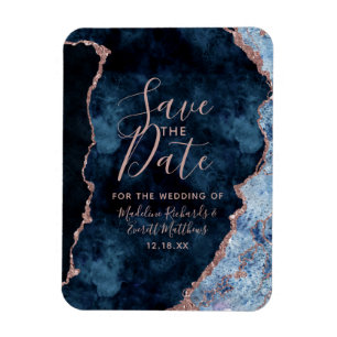 Navy Blue Rose Gold Agate Save the Date Wedding Magneet