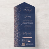 Navy Blue Rose Gold Glitter QR Code Wedding All In One Uitnodiging (Binnen)