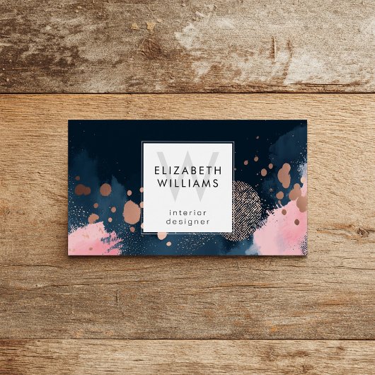 Navy Blue Rose Gold Monogram Business Card Visitekaartje