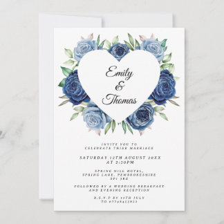 Navy Blue Rose Heart Wedding Invitation Kaart