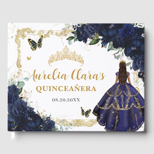 Navy Blue Roses Floral Princess Gold Quinceanera Gastenboek (Voorkant)
