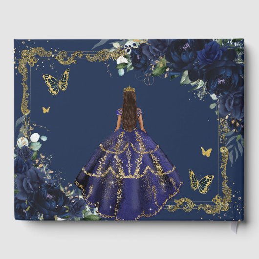 Navy Blue Roses Floral Princess Gold Quinceanera Gastenboek (Achterkant)