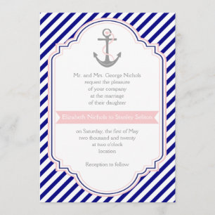 Navy blue, roze anker en strepen nautische bruilof kaart