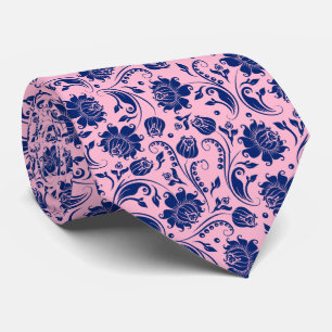 Navy Blue & Roze Floral Damascus Patroon 3 Stropdas