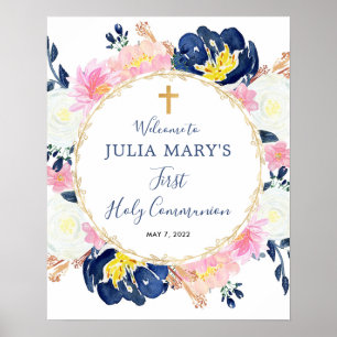 Navy blue roze gele communiqué welkomstteken poster