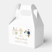 Navy Blue roze Gold FlowersTwins Baptism Bedankdoosjes (Voorkant Zijde)