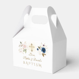 Navy Blue roze Gold FlowersTwins Baptism Bedankdoosjes