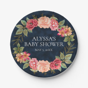 Navy Blue Roze Red Floral, aangepast Baby shower Papieren Bordje