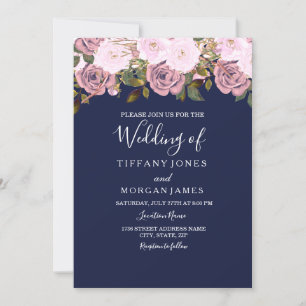Navy Blue Roze Rose Floral Wedding Invite Kaart