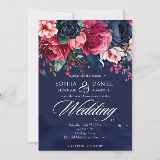 Navy blue roze rozen bruiloft sjabloon kaart (Voorkant)