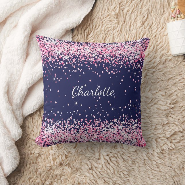 Navy blue roze sparkles girl name kussen (Deken)