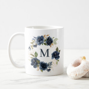Navy Blue Rozen Bloemenkrans Gold Folie Monogram Koffiemok
