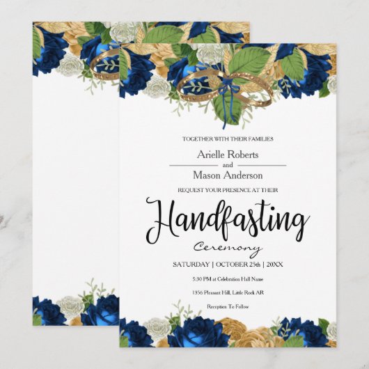 Navy Blue Rozen Boho Gold Handfasting Kaart (Voorkant / Achterkant)