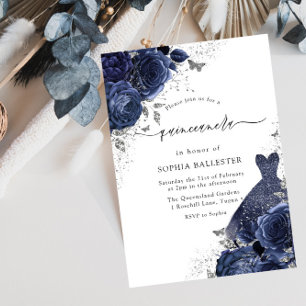 Navy Blue Rozen & Dress Silver Quinceanera Party Kaart