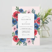 Navy Blue Ruby Blossoming Spring Wedding Kaart (Staand voorkant)