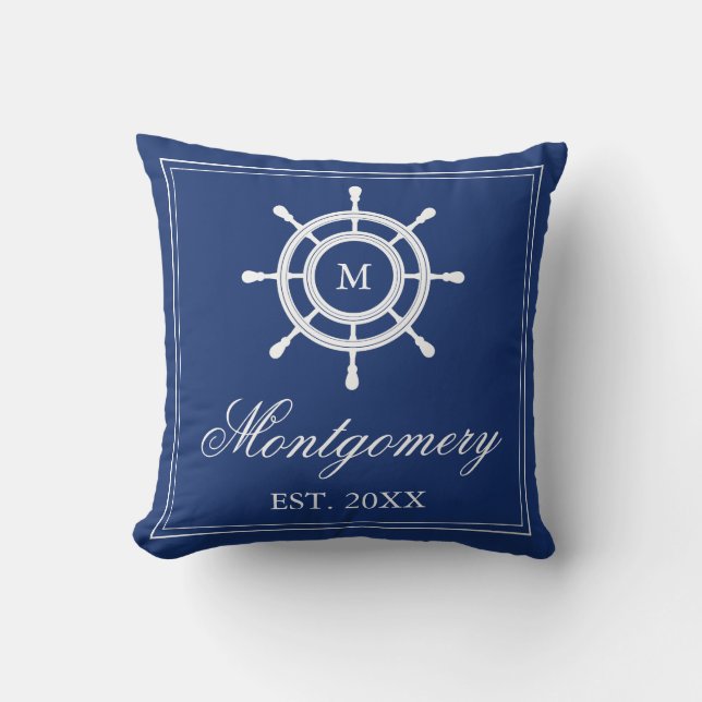 Navy Blue Rudder Monogram & Familienaam Kussen (Voorkant)