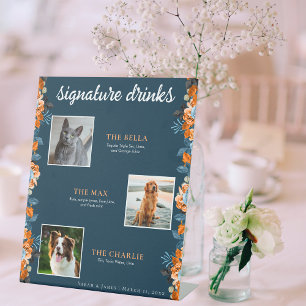 Navy Blue Rust Floral 3 foto Pet Signature Drink Reclamebord Met Voetstuk