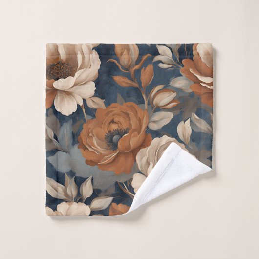 Navy Blue Rust Sinaasappel Moderne Boerderij Bloem Bad Handdoek (Wasdoekje)